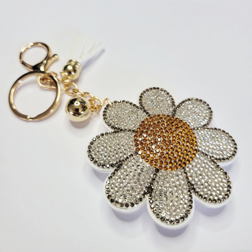 NWT Large White, Yellow And Gold Sparkle Daisy Keychain, Bag Charm With Tassel - Picture 3 of 3